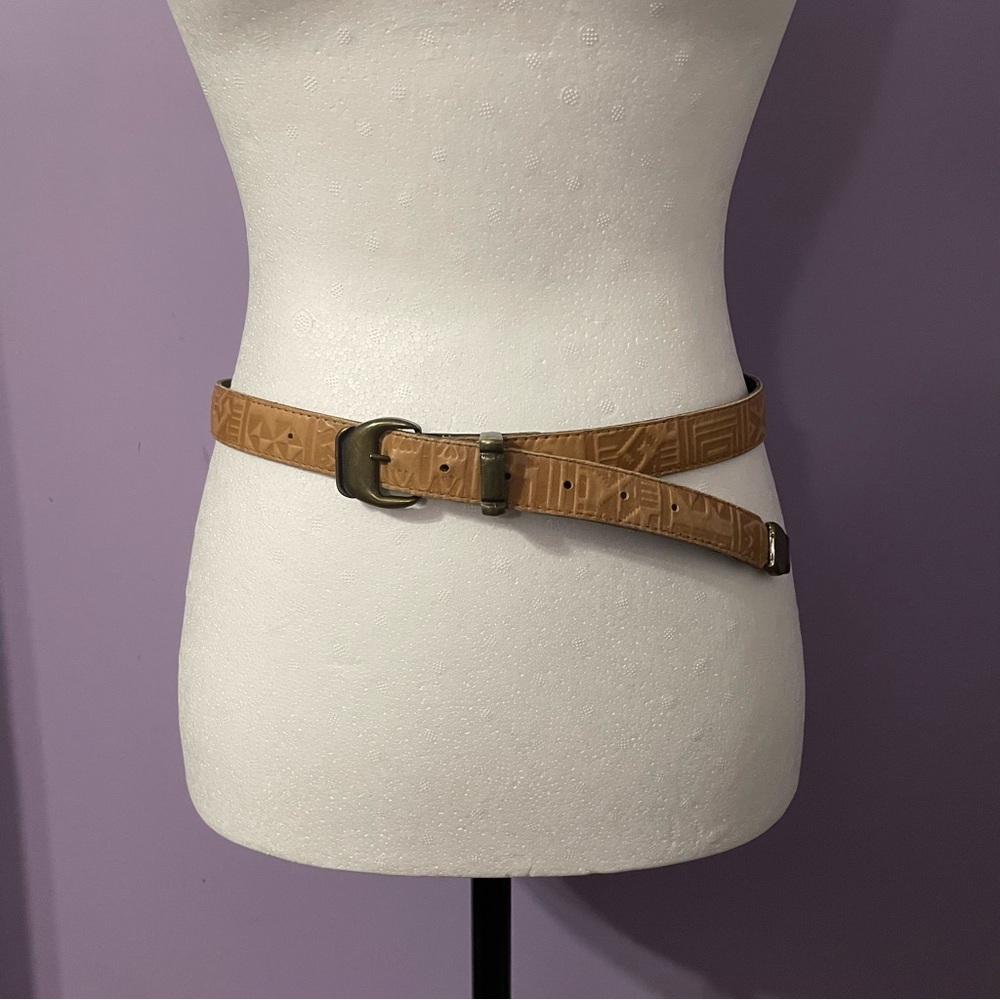 Stylish Tan Leather Embossed Belt with Bronze tone Hardware